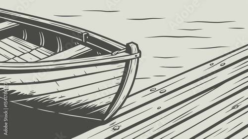 Detailed wooden boat resting dock, showcasing its rustic charm and serene water