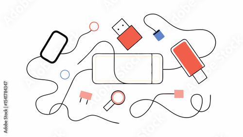 Colorful cables and devices scattered on transparency background create vibrant tech scene