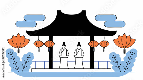 Traditional Chinese or Japanese persons stand under pagoda with lanterns and flowers, evoking serenity