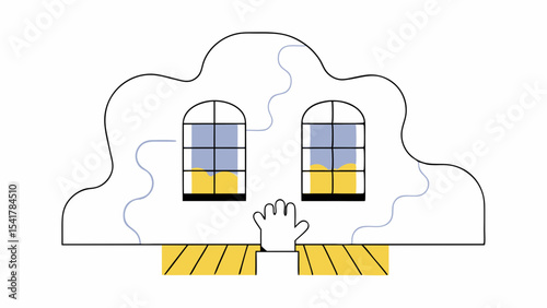 Whimsical house with two windows and hand reaching out, evoking sense