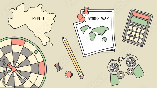 Dartboard, pencil, world map, calculator, game controller, creative workspace