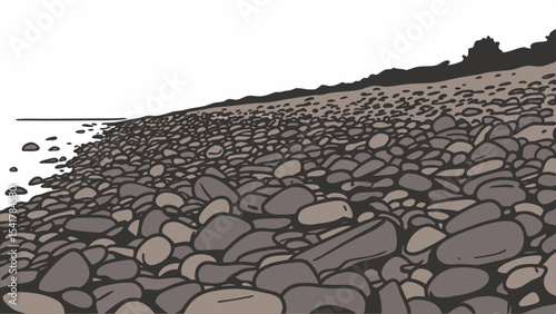 Rocky shoreline with variety of stones and pebbles scattered across beach, creating natural
