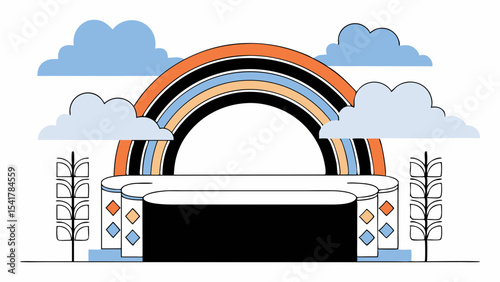 Colorful podium with rainbow and clouds, creating cheerful atmosphere