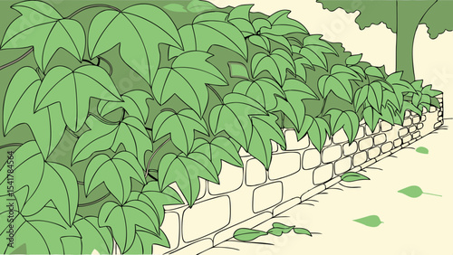 Dense wall of vibrant green ivy leaves covers stone wall, creating serene atmosphere