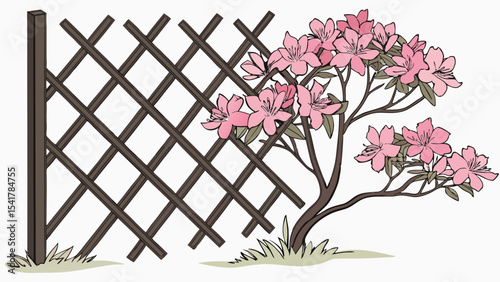 Lattice fence of dark brown branches with pink flowers nearby, creating serene garden scene