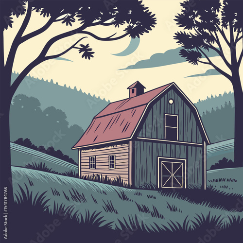 Silhouette of a rustic wooden barn, representing rural architecture, farm life, and countryside charm. Perfect for agricultural, vintage, or farmhouse-themed designs.