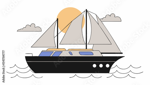 Luxury sailboat sailing in sea with sunset backdrop, creating serene atmosphere