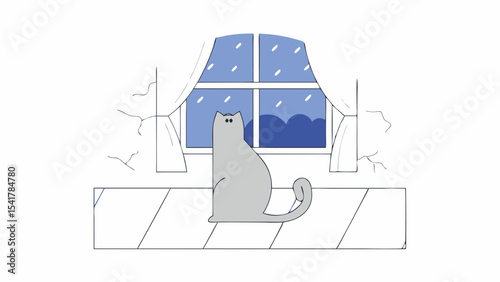 Gray cat sits on windowsill, gazing outside at rainy weather