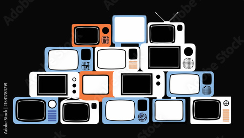 Colorful cartoon television sets stacked together create vibrant and playful scene