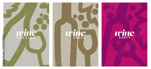 hand-drawn wine event invitations – retro minimalist vector posters with textured backgrounds