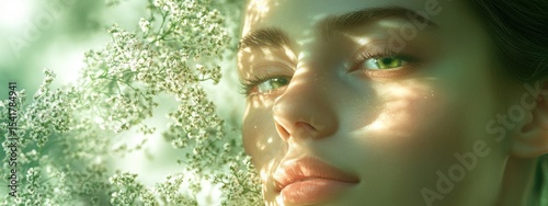 Radiant Woman Flowers Soft Green Light Skincare Beauty