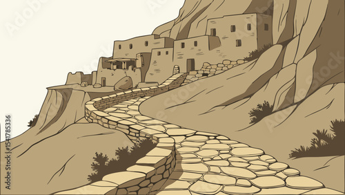 Stone pathway winds through hillside town, leading to ancient structures nestled in rocks