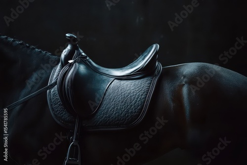 Leather Saddle: Equestrian Equipment for Elegant Ride in Dark Stable photo