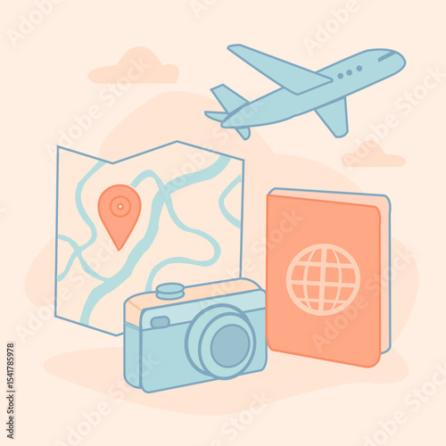 Vector illustration of travel essentials with map location camera passport and airplane in pastel colors