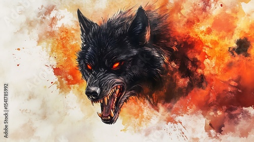 A fierce wolf with glowing eyes is surrounded by fire