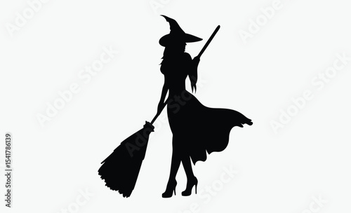 witch silhouette icon, halloween broom vector, spooky witch hat design