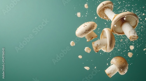Flying champignons on a mint gradient background.Close-up of fresh porcini mushrooms in the air on a green background. Mushrooms fly apart with pieces and crumbs. copyspace