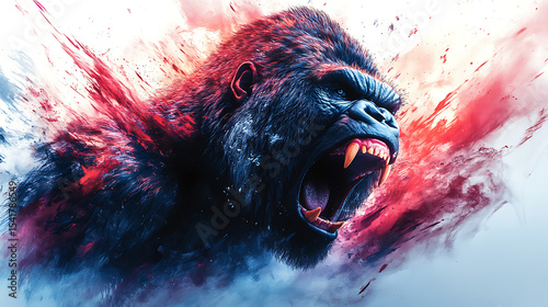 Fierce gorilla roaring amidst colorful abstract splashes, showcasing power and intensity