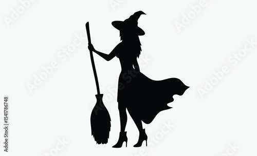 witch silhouette icon, halloween broom vector, spooky witch hat design