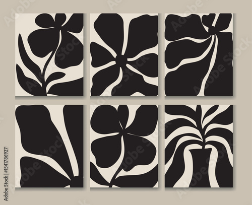 A six-panel artwork featuring stylized black and white tropical flowers and leaves against a beige background. Each panel displays a unique floral design, perfect for modern minimalist home decor. 