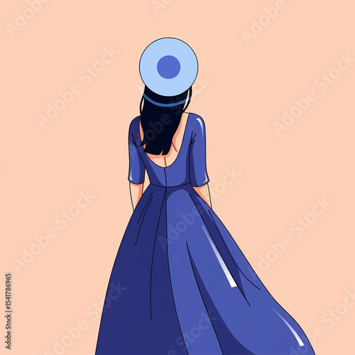 Elegant woman in blue gown stylish beret serene elegance back view fashion illustration