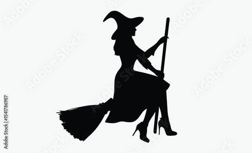 witch silhouette icon, halloween broom vector, spooky witch hat design