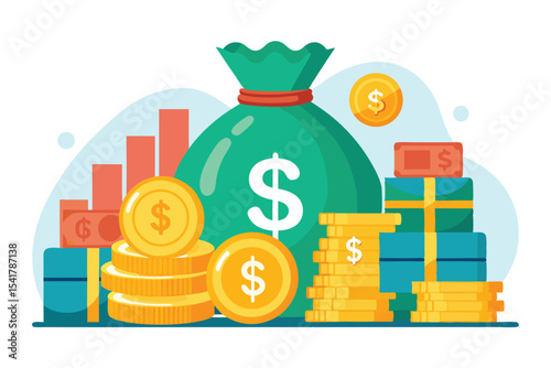 Financial Growth Depicted with a Money Bag, Coins, and Rising Bar Graph Displaying Investment Success and Monetary Gain