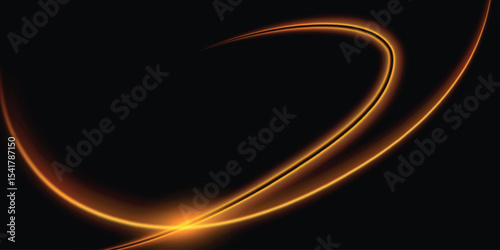an abstract dark background featuring smooth, curving golden-orange light lines that create a motion or orbit effect with a dynamic visual effect