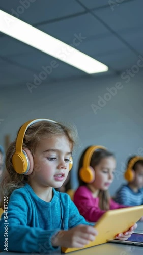 Students of different races use tablets and wear headphones while participating in learning activities on Knowledge Day.