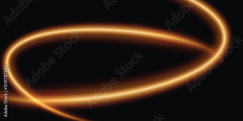 an abstract dark background featuring smooth, curving golden-orange light lines that create a motion or orbit effect with a dynamic visual effect