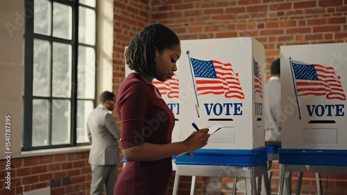 African American woman casts ballot at voting booth location