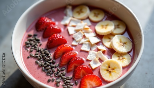 Colorful Smoothie Bowl with Fresh Fruits and Seeds in a White Bowl on a Gray Surface