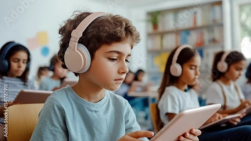 A group of diverse school children is seated at desks, focusing on their tablets while celebrating knowledge day on September 1 at school.