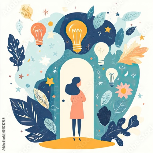 A woman stands at a doorway, surrounded by stylized leaves, flowers, and lights, symbolizing creativity and inspiration
