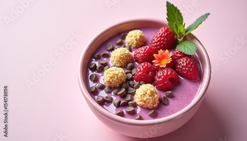Colorful and Healthy Smoothie Bowl with Fresh Berries and Toppings on Pink Background