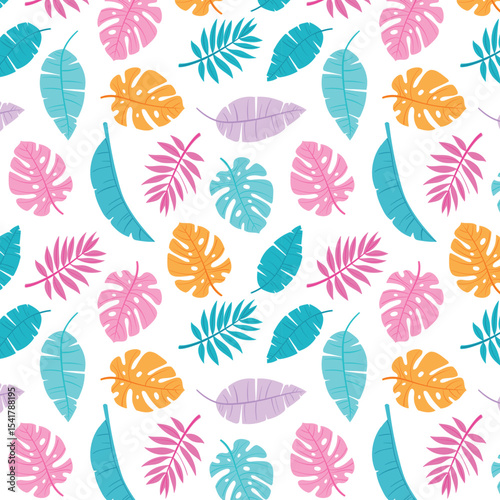 Seamless pattern of exotic leaves on a white background with tropical plants and palm tree illustrations. Ideal for summer decor, textiles, and fashion, it features lush, green foliage 