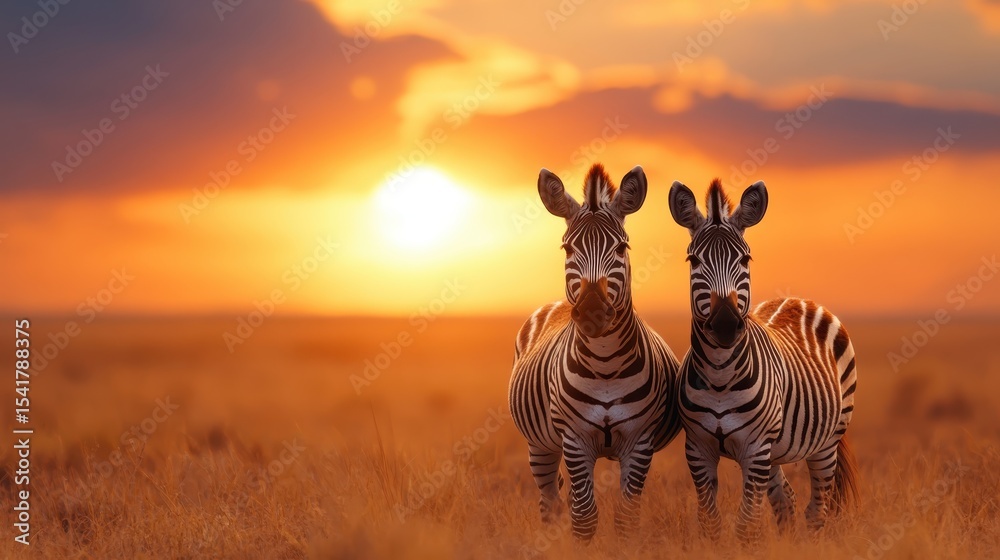 Obraz premium Two zebras stand gracefully against a golden sunset over the Serengeti, embodying the beauty of nature and the wildlife that thrives in the African landscape.