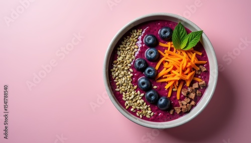 Colorful Smoothie Bowl with Blueberries, Carrots, Seeds and Fresh Mint on Pink Background