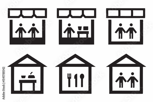 Business and home icons set with shops and residential buildings symbolizing shelter
