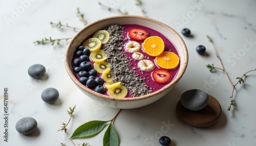 Vibrant Smoothie Bowl with Fresh Fruits and Seeds on a Marble Surface