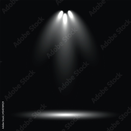 three rays of light converging downward on a black background, creating the effect of spotlights or a stage. There is a faint reflection of light on the bottom part, reminiscent of a stage floor.