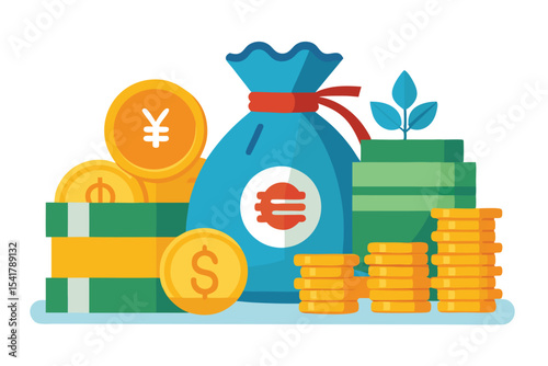 Cartoon Illustration of Growing Finances with Money Bag Coins and a Plant Symbolizing Investment and Financial Growth