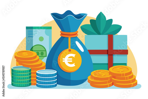 Colorful Cartoon Illustration of Money, Presents, and Financial Abundance Depicting Savings, Wealth, and Holiday Gift Giving