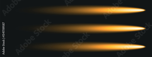 three parallel golden rays of light on a dark background that gradually fade away, creating the effect of movement or flash.