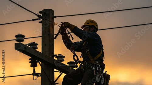 electric lineman working on power lines at sunset with safety gear and tools on utility pole
