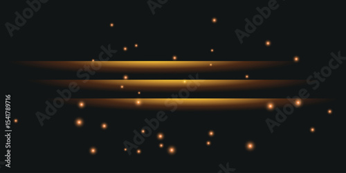 three horizontal golden rays of light on a dark background, surrounded by small luminous dots that create the effect of radiance or outer space.