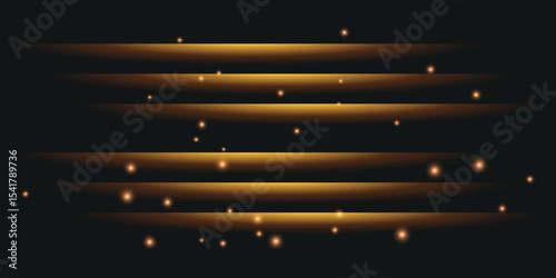 several parallel golden-yellow stripes of light on a dark background, surrounded by small luminous dots that create the effect of radiance or outer space.