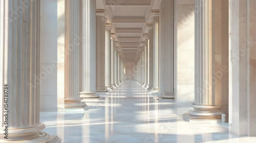 elegant corridor interior with marble floors tall columns soft uplighting creating dramatic perspective no people highlighting textures and shadows