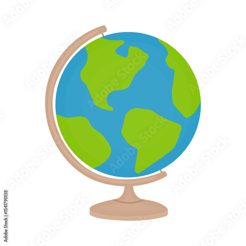 Globe blue with green on wooden stand isolated on white or transparent background. Vector illustration. Element close-up for decoration of study and school design.