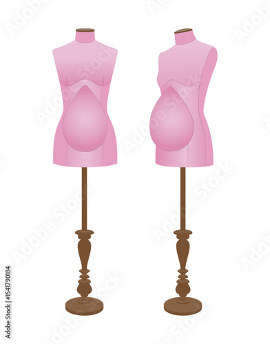 Realistic vector illustration of pregnant tailor mannequins for sewing maternity clothing. Female dress forms with baby bump for fashion design and garment fitting.